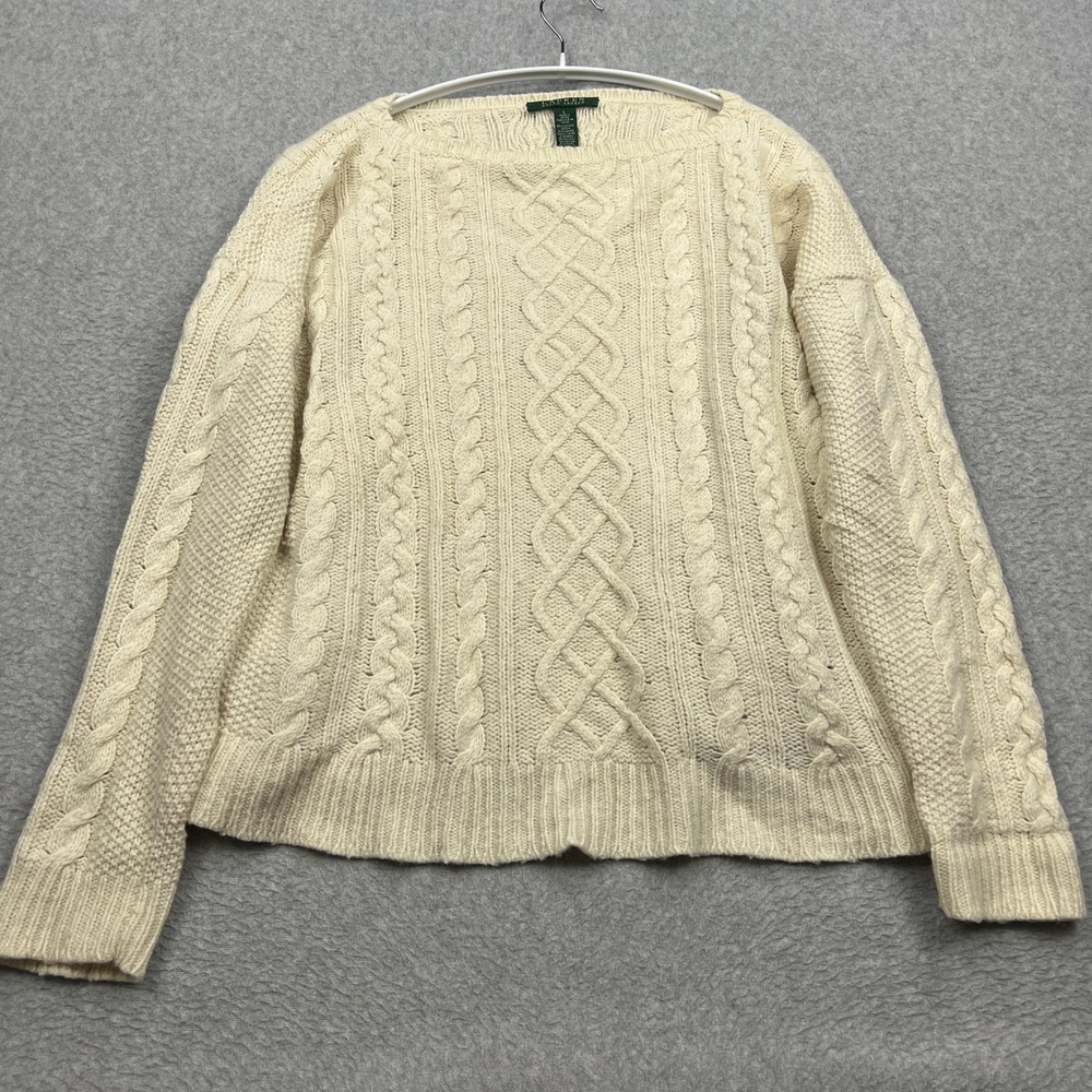 Lauren Ralph Lauren Sweater Womens Large‎ Cream Wool Camel Cable Knit Boat Neck